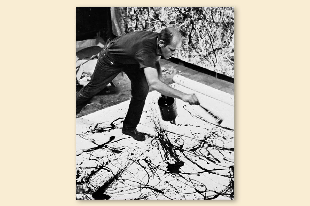 Jackson Pollock painting in his studio on Long Island, New York, 1950. Source: Hans Namuth