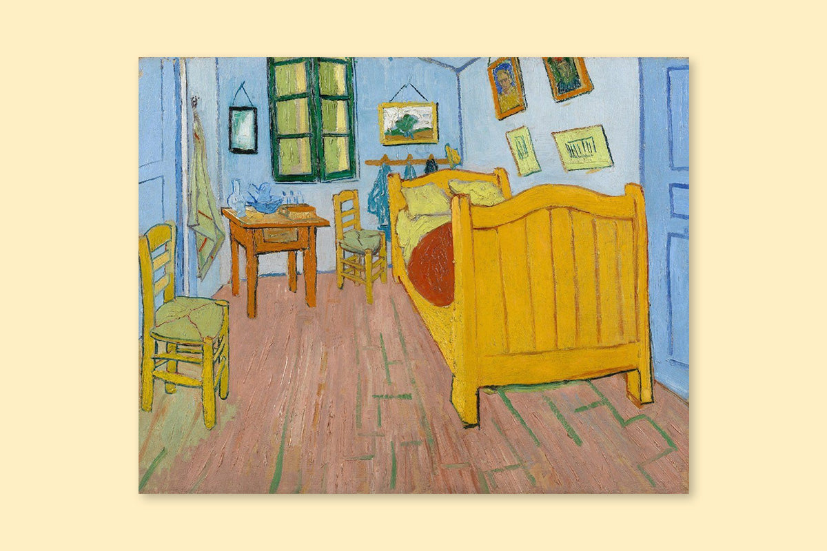 A painting of van Gogh's yellow bedroom in his house in Arles