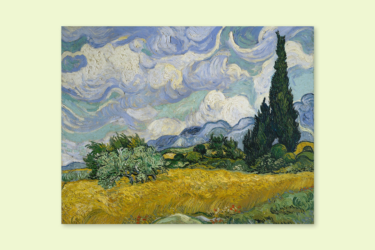  A stunning painting of a countryside landscape featuring cypress trees on a wheatfield