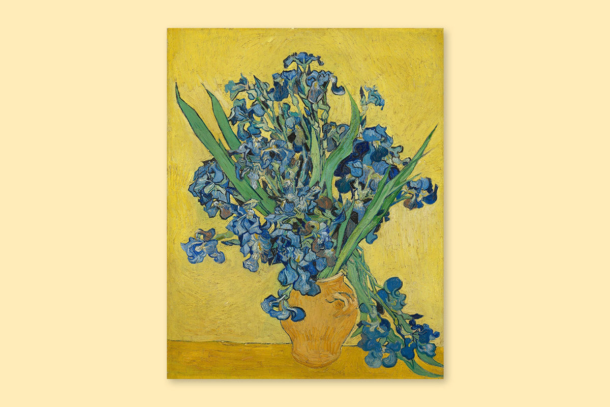 A lovely painting of a vase of iris flowers