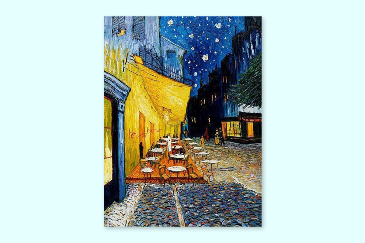 A painting of the brightly colored cafes in Paris at night by van Gogh