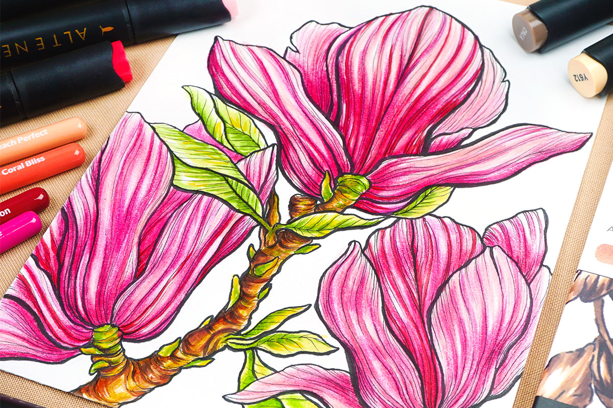 Close-up of a bunch of pink flowers colored in with Artistry by Altenew's Alcohol Markers