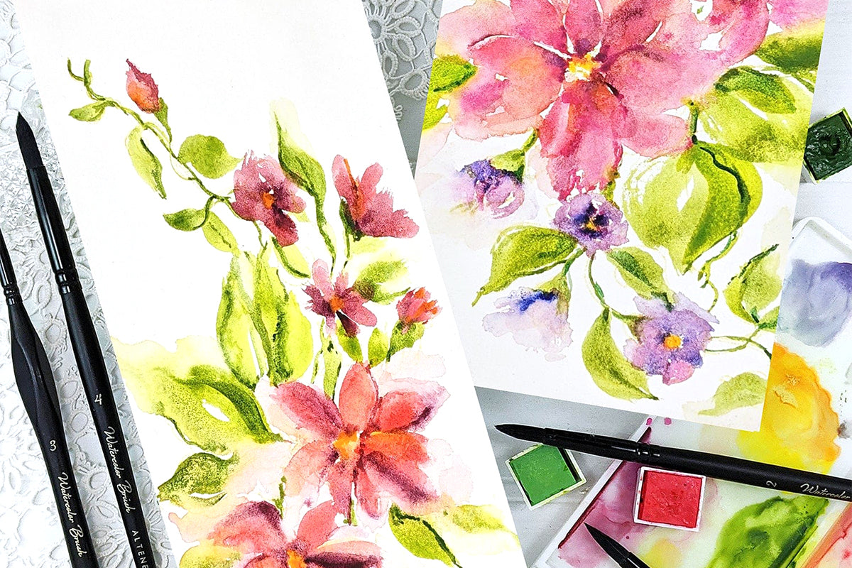 Watercolor flower paintings on 2 different sized panels, painted with Artistry's watercolor pans