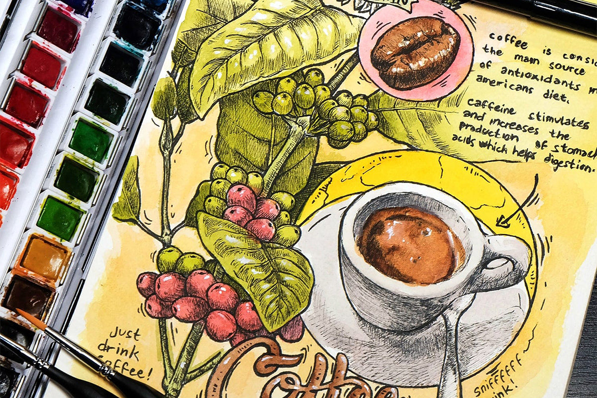 Watercolor painting of a cup of coffee and some coffee beans and plant