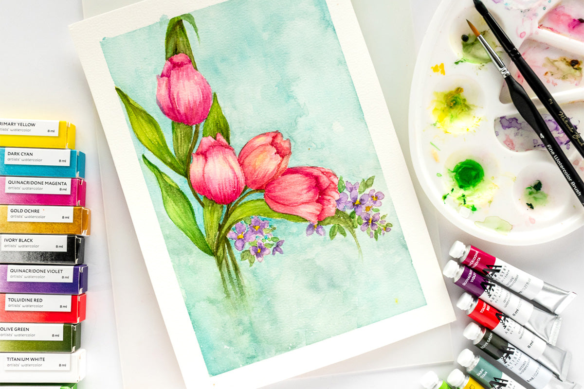 A watercolor painting of a bunch of tulips, painted with Artistry by Altenew's watercolor tubes