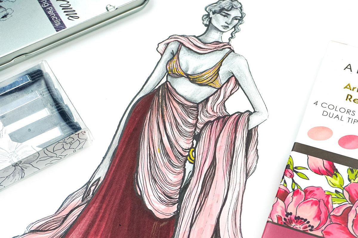 A gorgeous fashion sketch of a woman with a draped gown
