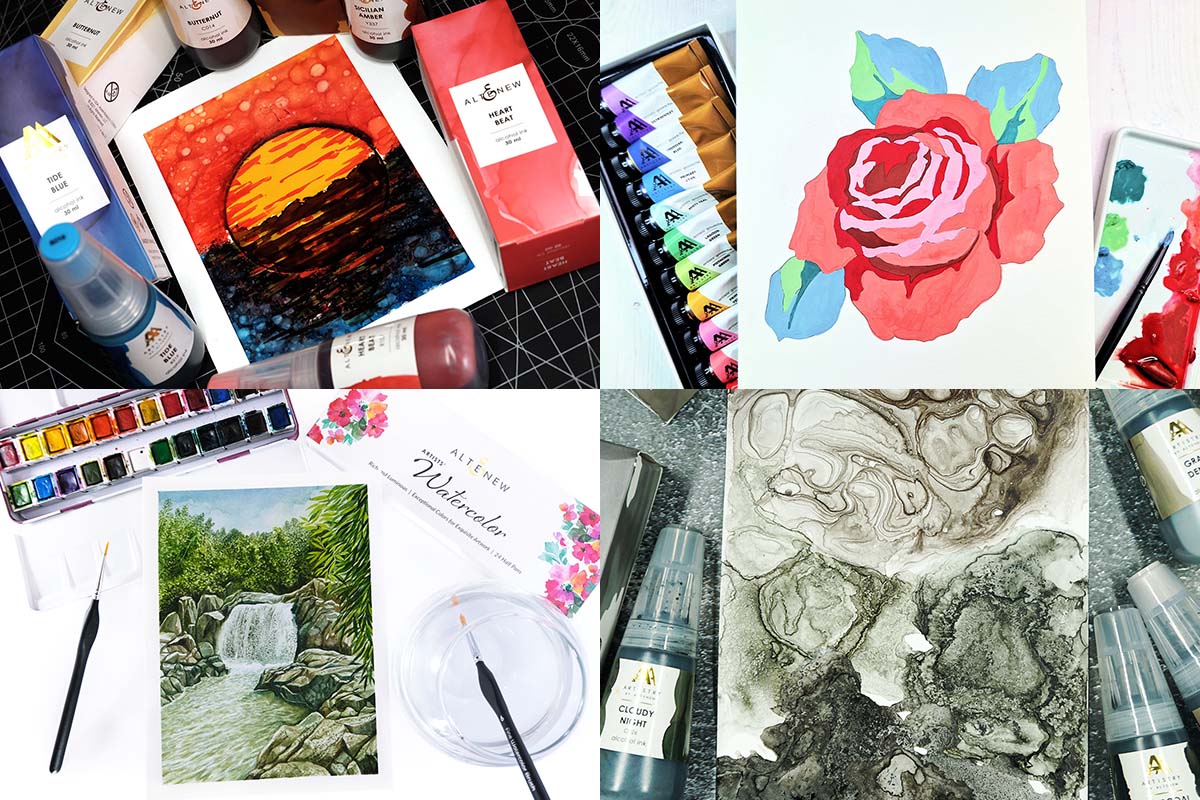 a collage of various artworks and paintings using Artistry by Altenew art supplies and tools