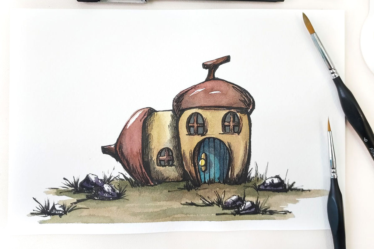 A sketch of two cute houses made with watercolors