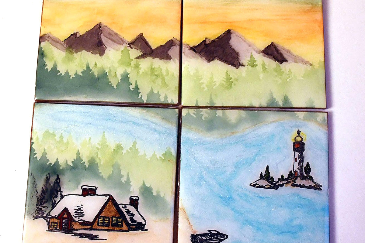 A four-panel image of a watercolor painting