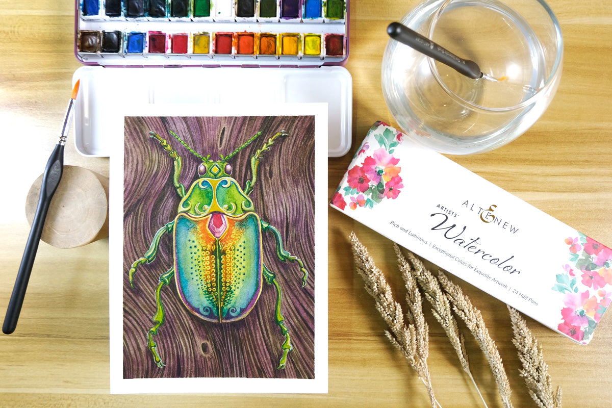 A vibrant painting of a bug made with watercolor