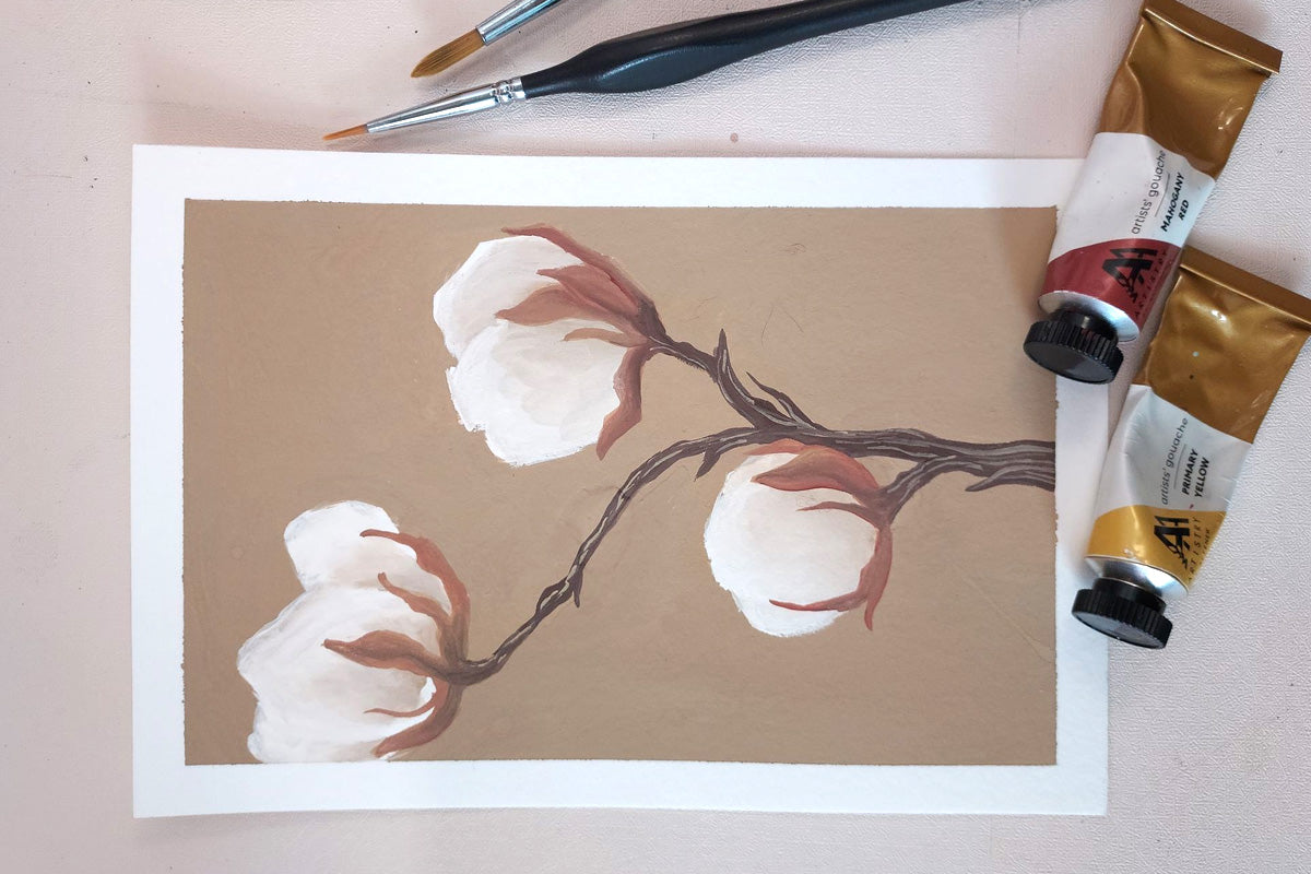 A gorgeous gouache painting of some flowers against a brown background