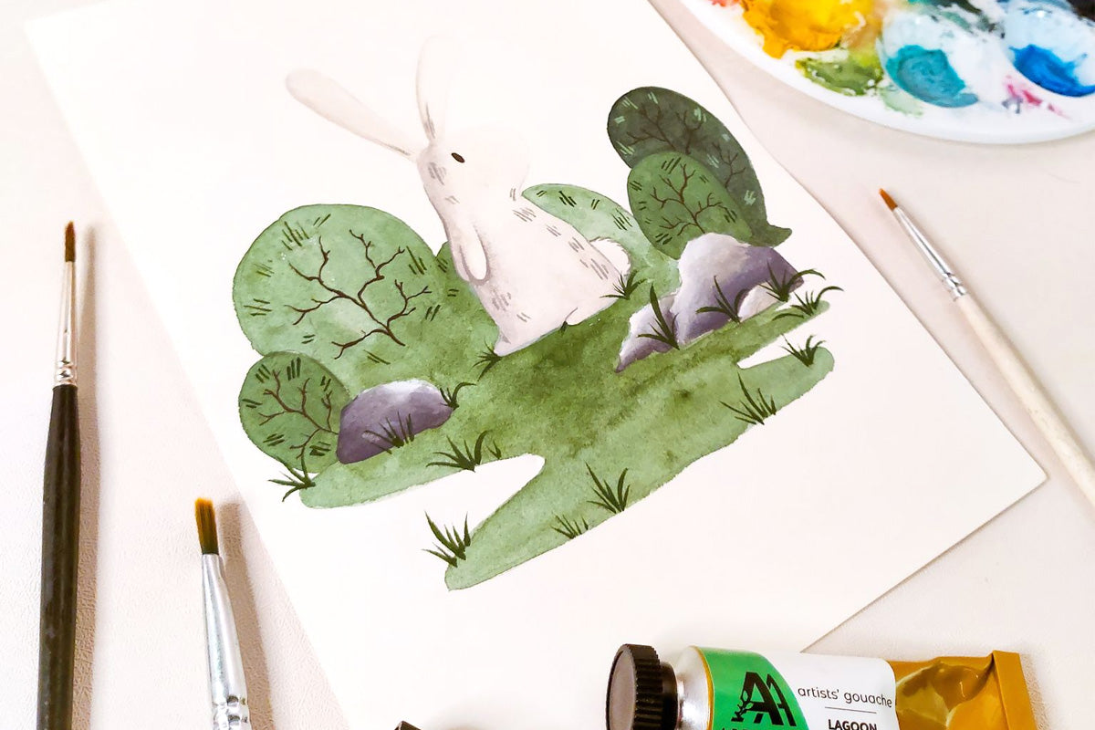 A gouache painting of a rabbit in a whimsical grass background