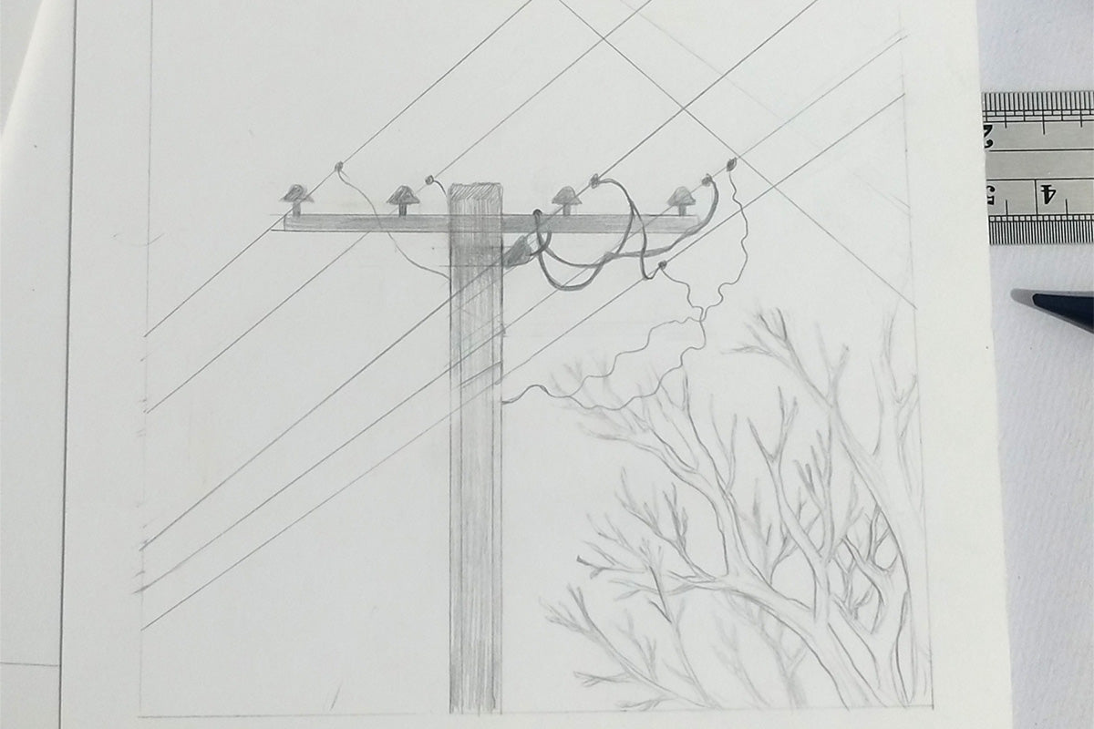 A sketch of a post with electric lines and a tree silhouette