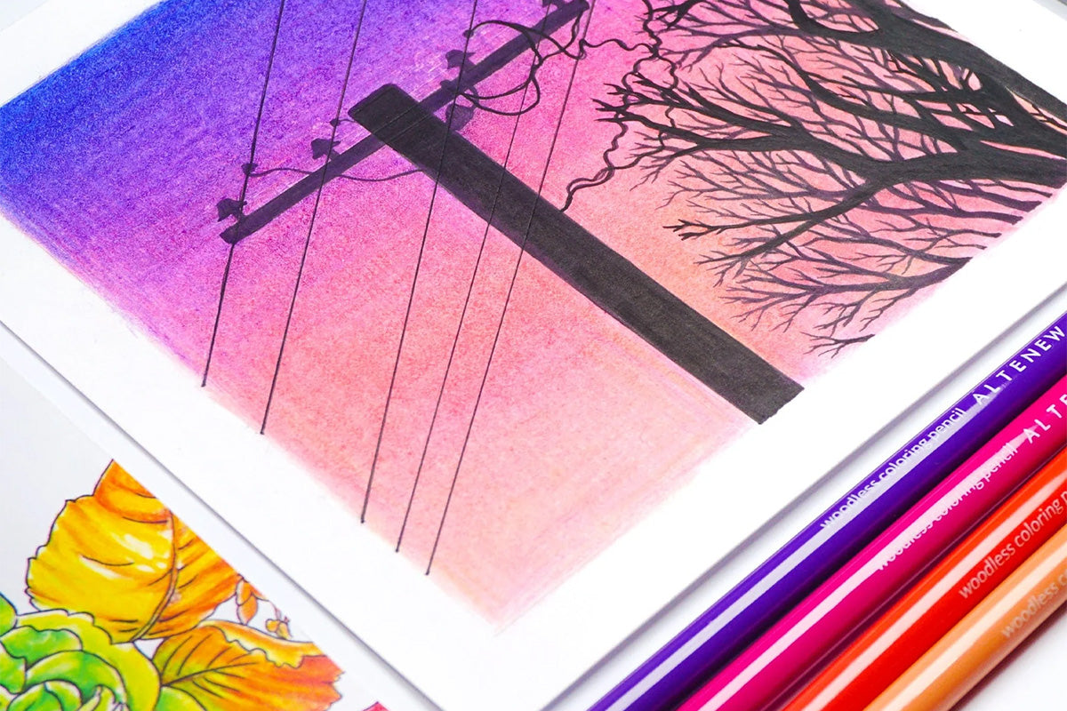 A drawing of a post of electric lines and a tree silhouette with an ombre sunset background