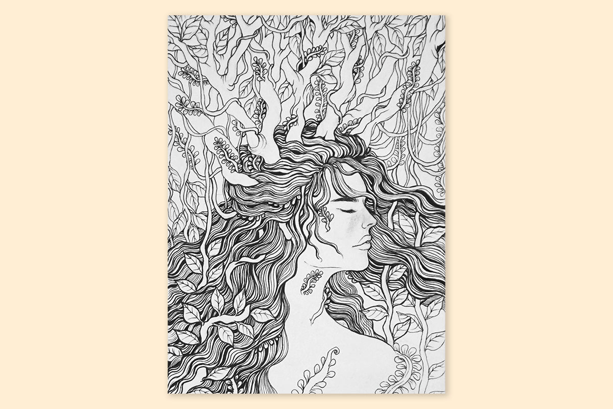 A drawing of a wood fairy with long flowy hair intertwined with branches and leaves