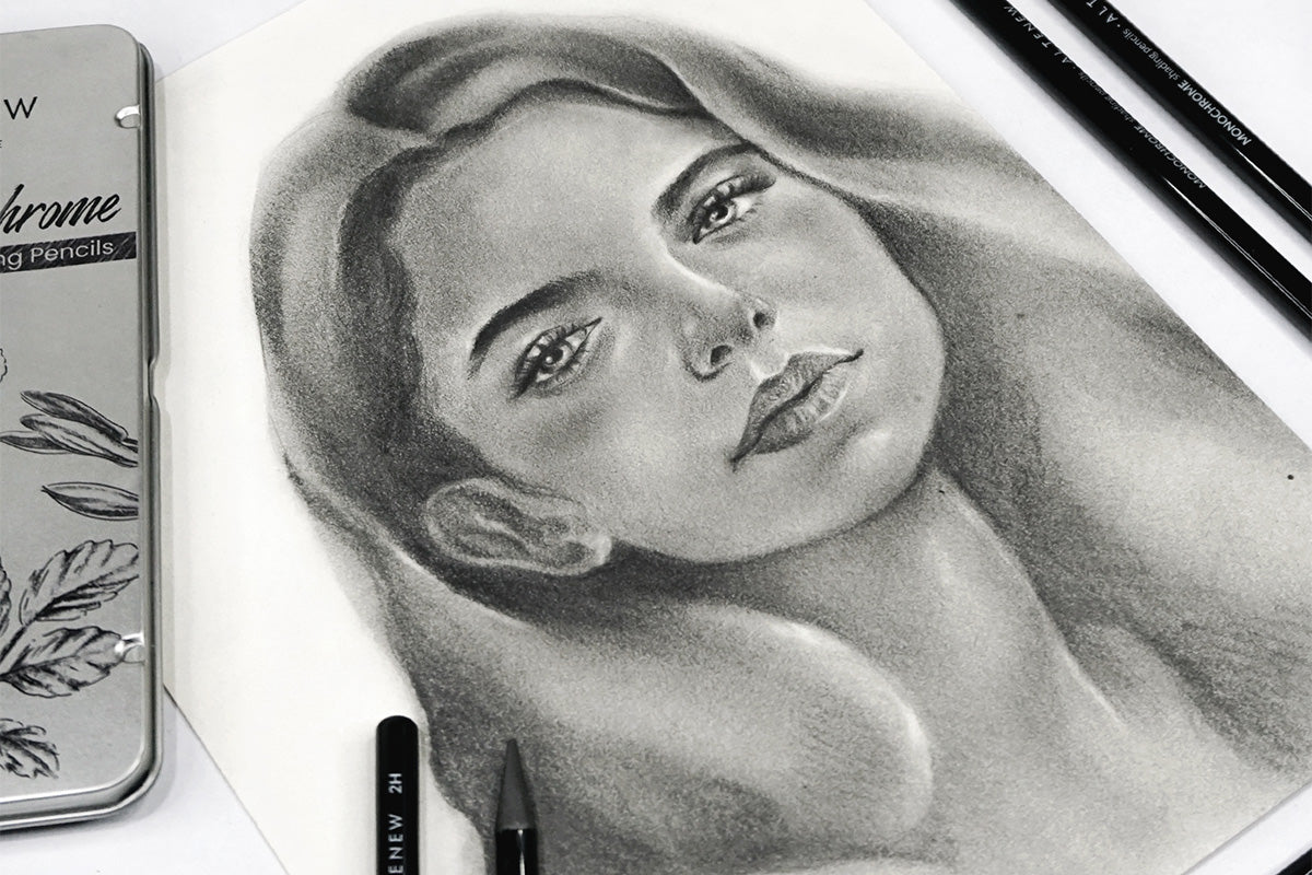 A drawing of a woman sketched using Artistry's monochrome pencils