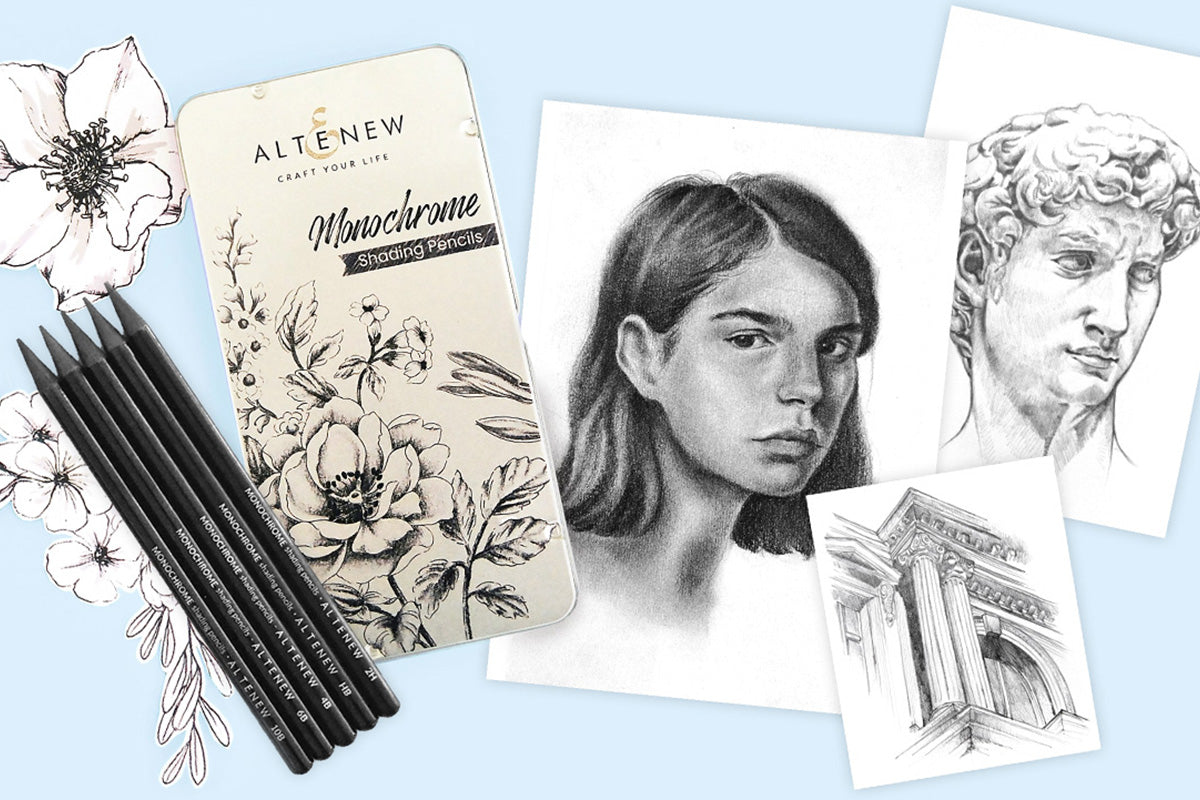 A few sketches and drawings made with Artistry by Altenew's monochrome shading pencils