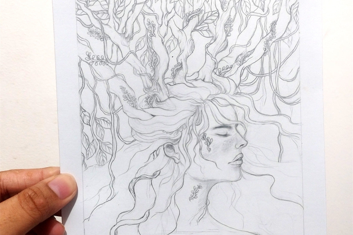 A sketch of a wood fairy with long flowy hair intertwined with branches and leaves