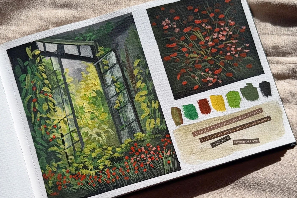 A beautiful gouache painting of a garden by the window