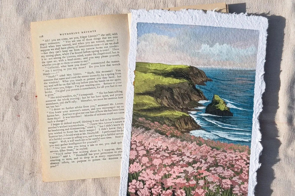 A gouache painting of a mountain cliff overlooking the sea
