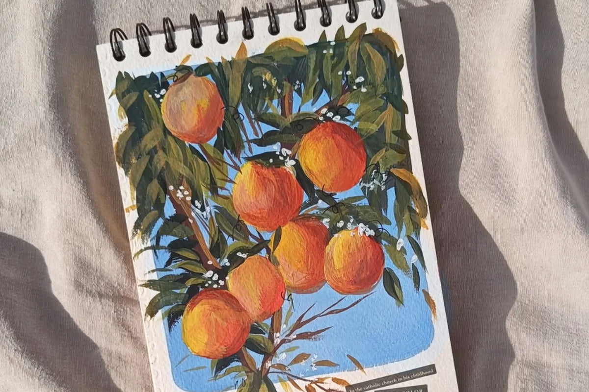 A gouache painting of a tree branch with some overhanging orange fruits