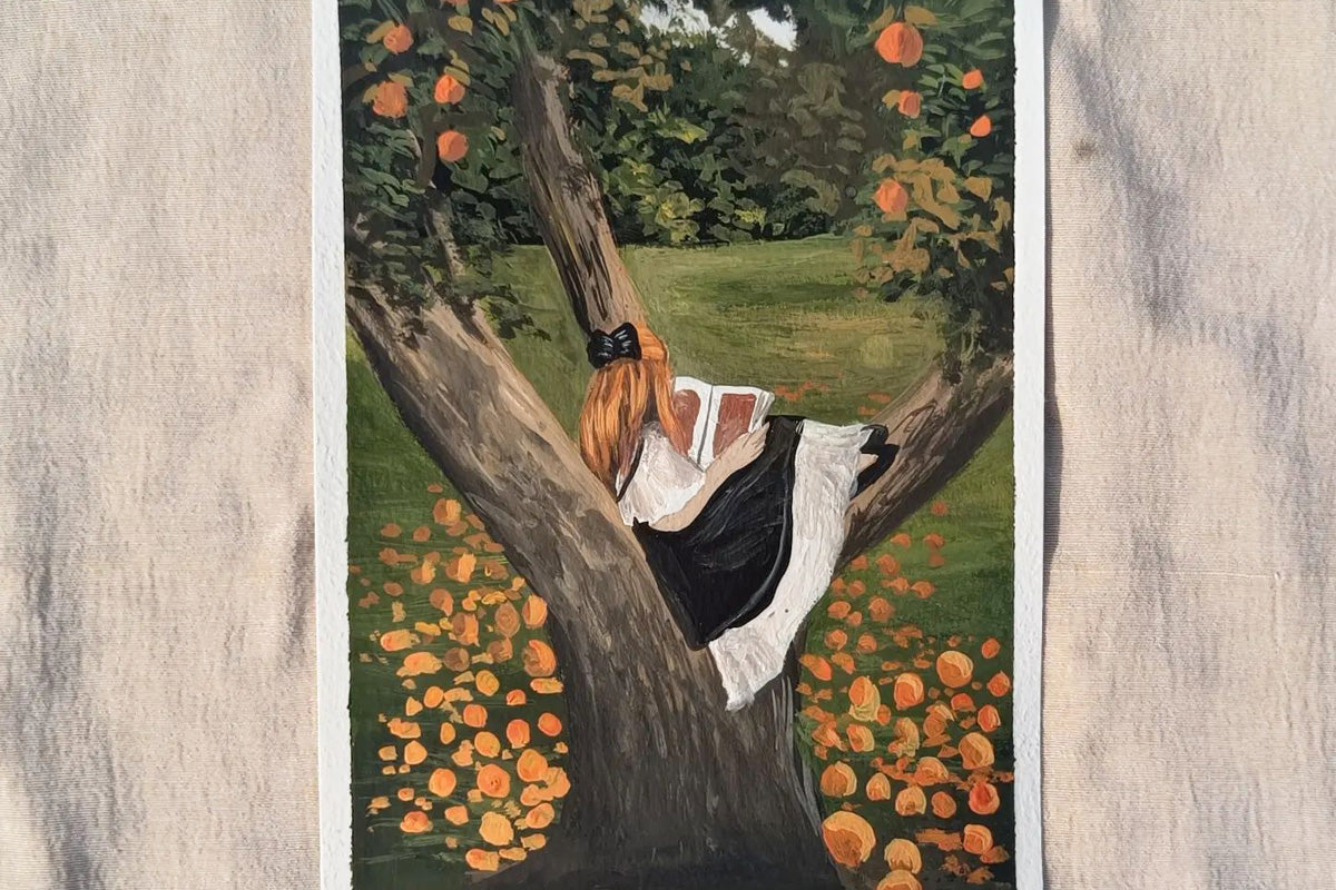 A gorgeous gouache painting of a girl sitting on a tree branch, reading a book
