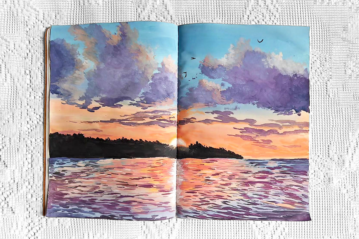 A gouache painting of a sunset sky over an ocean