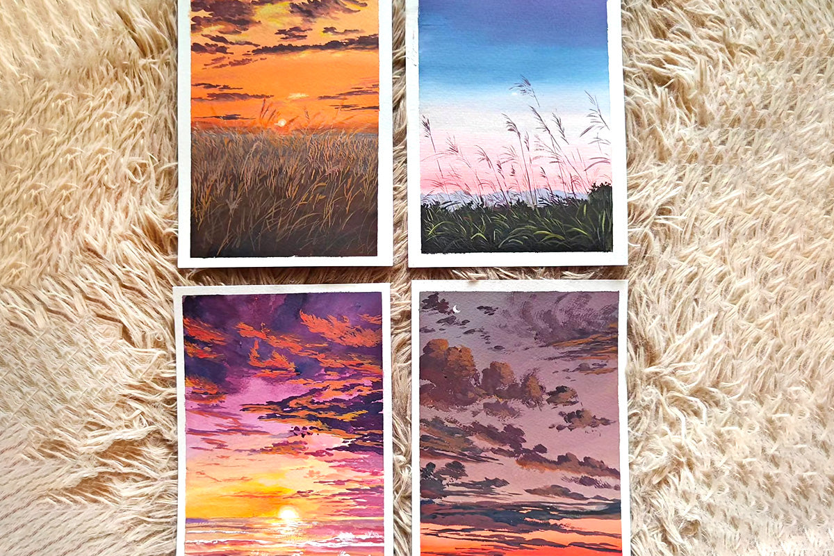 A gouache painting collage of beautiful skyscapes and landscapes