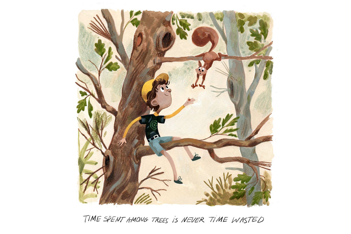 A sketch of a kid climbing a tree, reaching out to a squirrel