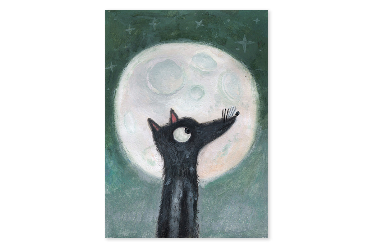 A painting of a wolf staring at the moon Caption: Moon by Julia Prokhotskaya