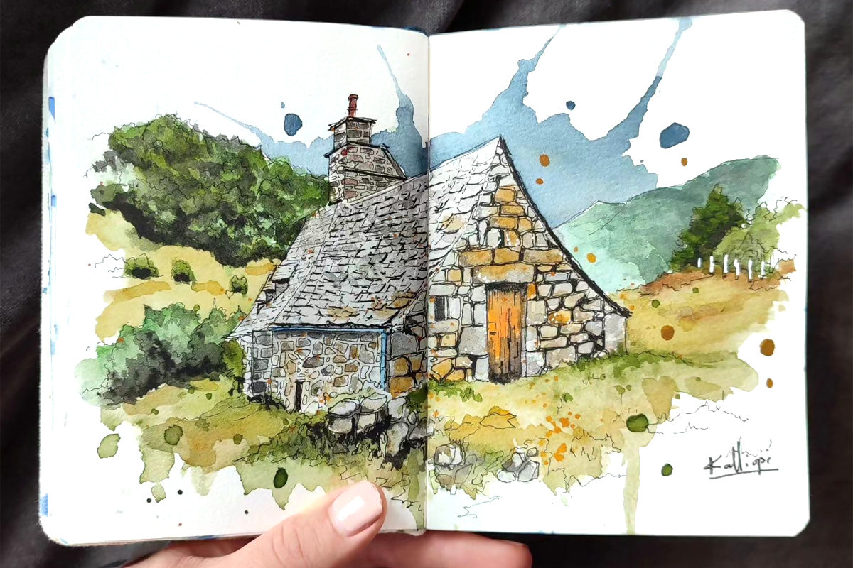 A beautiful watercolor painting of a stone cottage