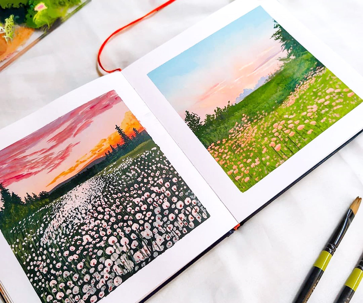 A stunning gouache painting of flower fields during a sunset