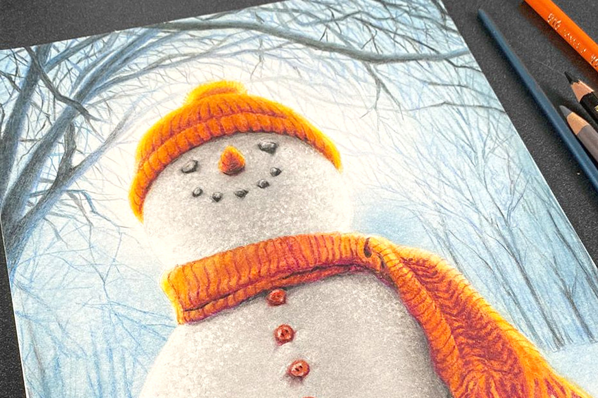 A pretty coloring pencil artwork drawing of a snowman