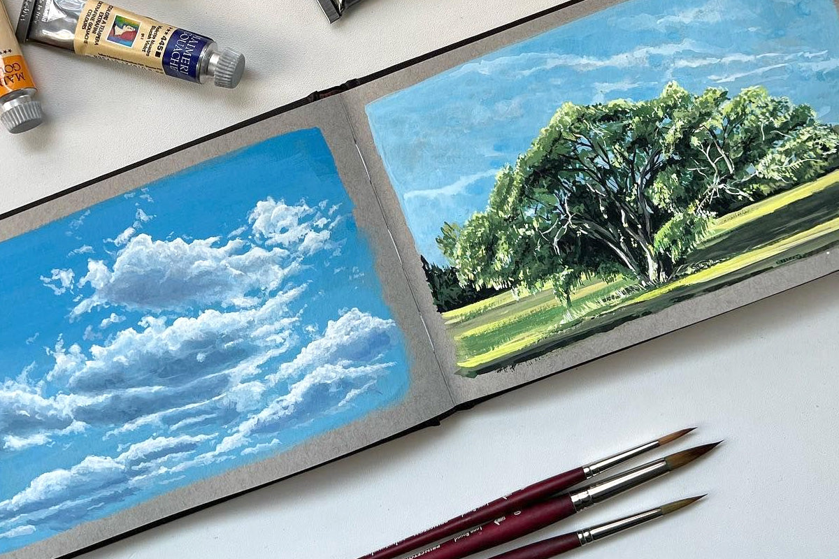 Gouache painting of summer clouds by Sofia