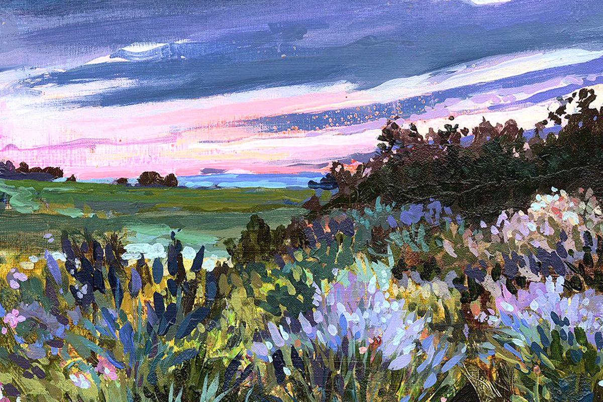 A beautiful acrylic painting featuring the Prairie lands during a sunset