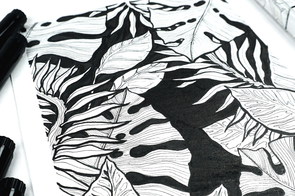 A drawing of forest foliage in black and white