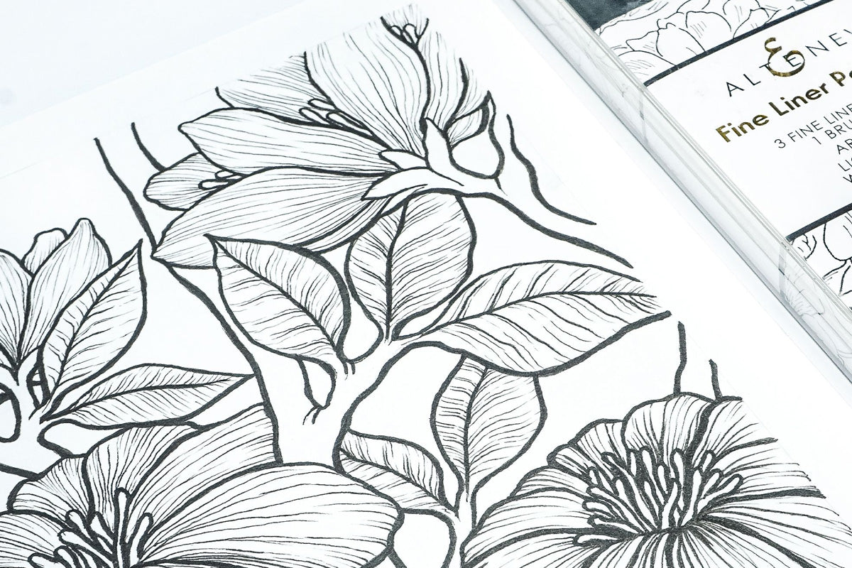 Black and white flowers sketched with Artistry by Altenew Fine Liner Pen Set