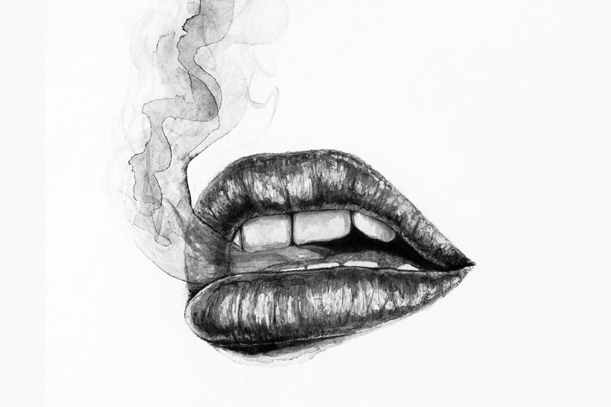 Black and white art featuring a woman's lips with smoke coming out of them, created by artists Nika_Akin