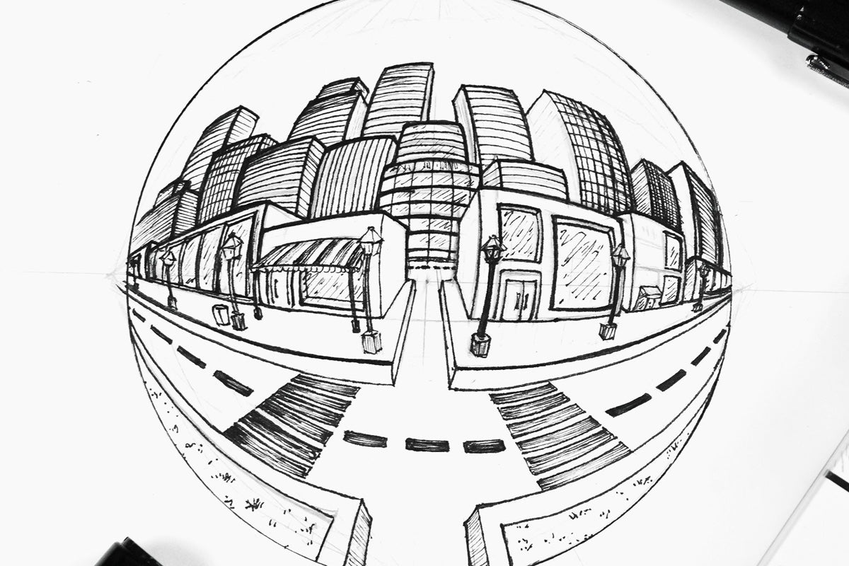 Black and white sketch of a street view featuring buildings and stores