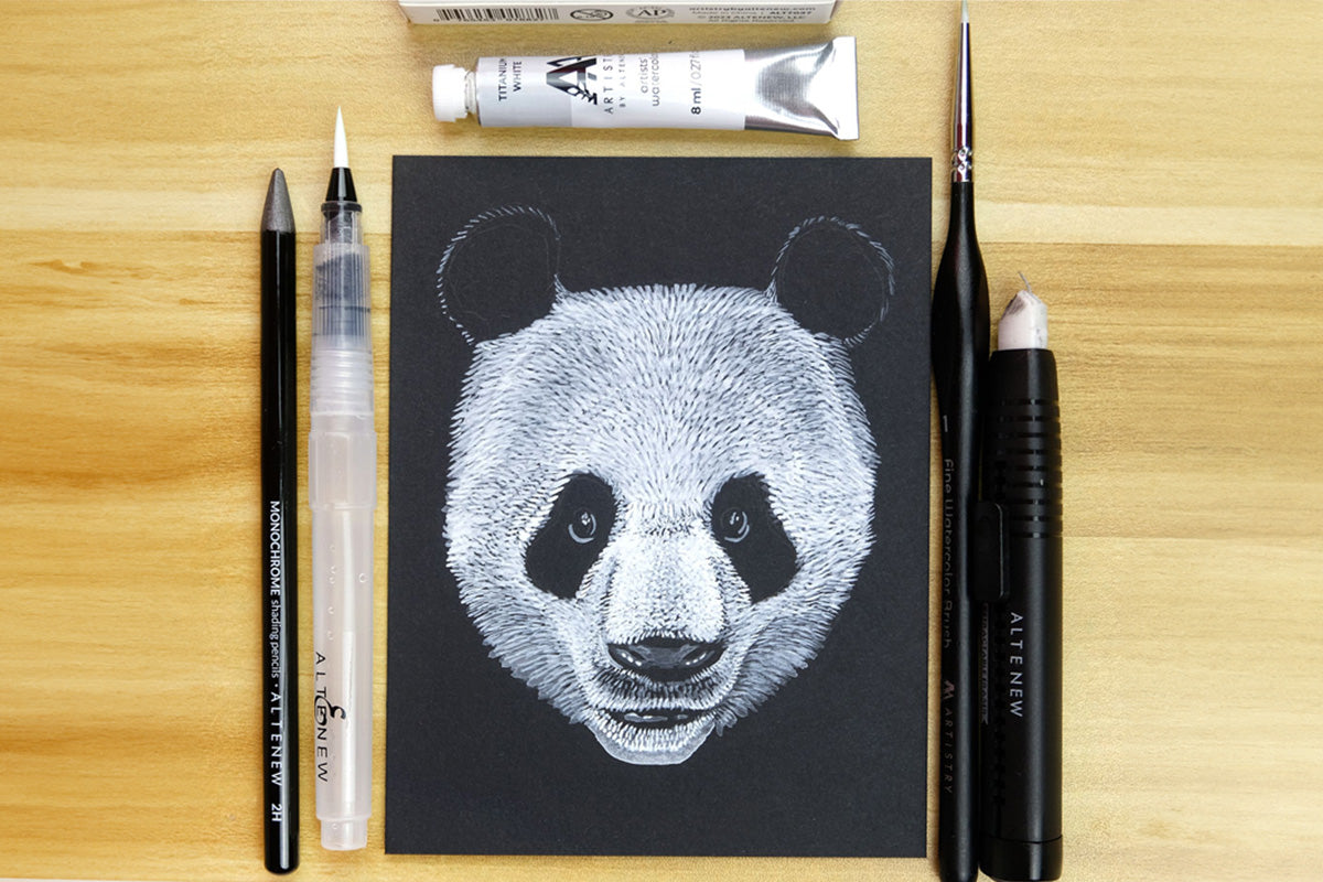 Black and white art featuring a panda, made with Artistry by Altenew white gouache and shading pencils