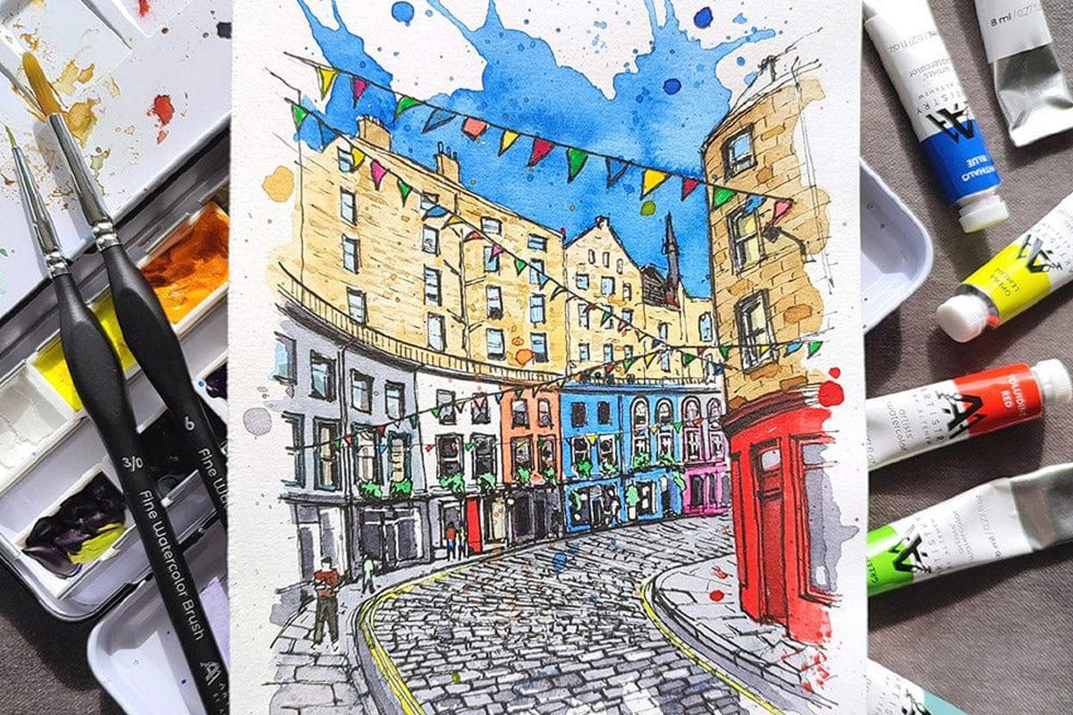 A colorful and lively painting of a street drawn with Artistry gouaches