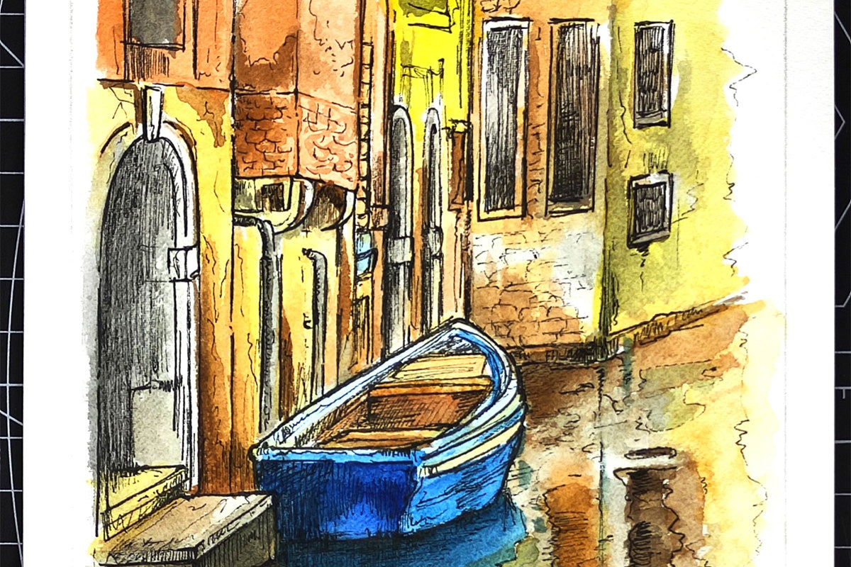 A colorful still life artwork of a boat on a canal docked beside a building's entrance