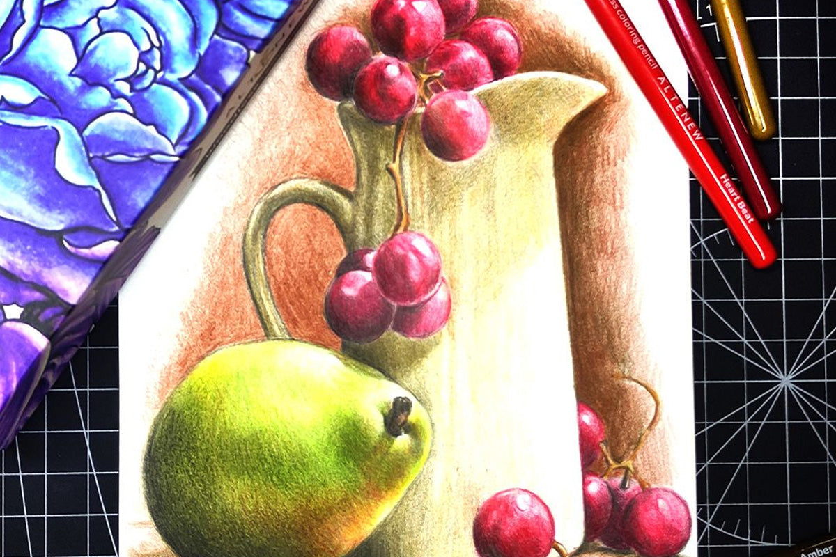 A chiaroscuro painting of a pear and grapes in and around a metal pitcher