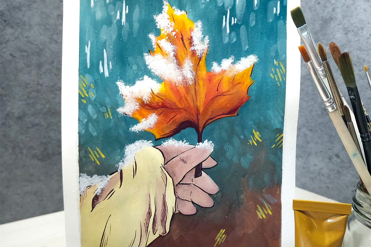 A still life drawing of a hand holding as snowy leaf as snow falls in the background