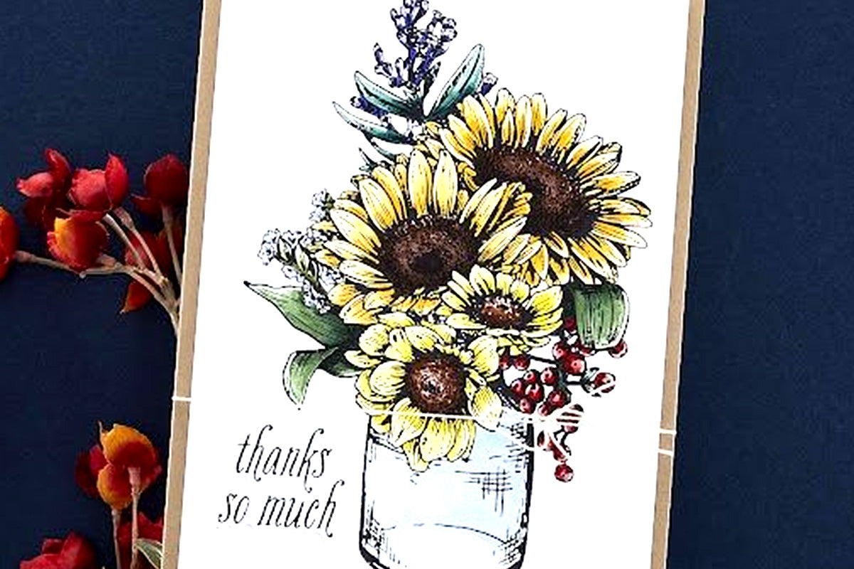 A drawn image of a sunflower on a thank-you greeting card