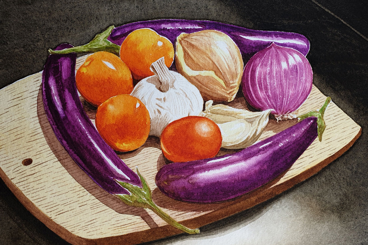 A still life painting of vegetables and kitchen ingredients on a cutting board