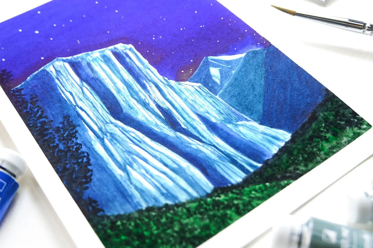 A brilliant nighttime depiction of a snowy mountain cliff, colored in by watercolor tubes