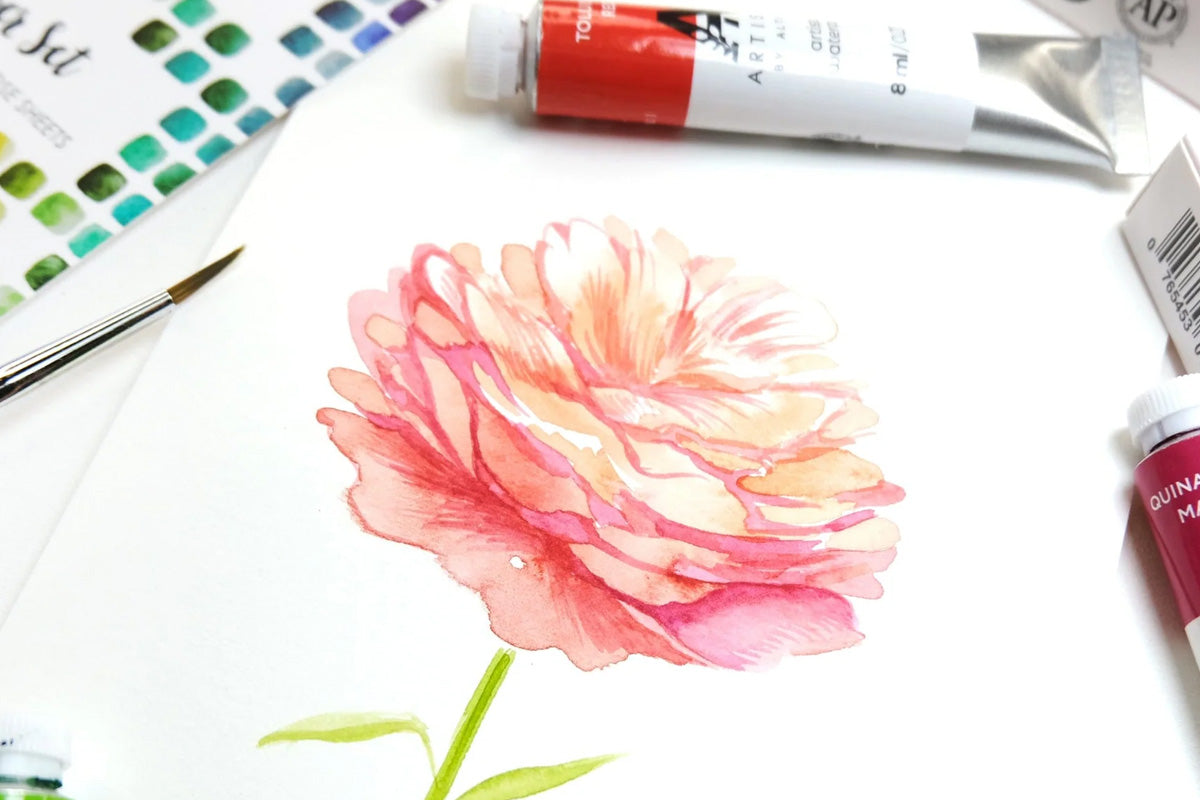 A lovely drawing of a pink bloom, colored in by watercolor tubes