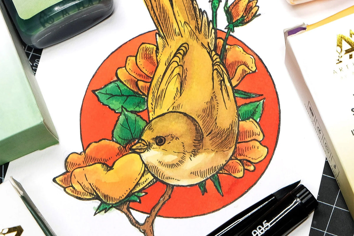 A lovely painting of a bird created with Artistry by Altenew's Liquid Watercolor
