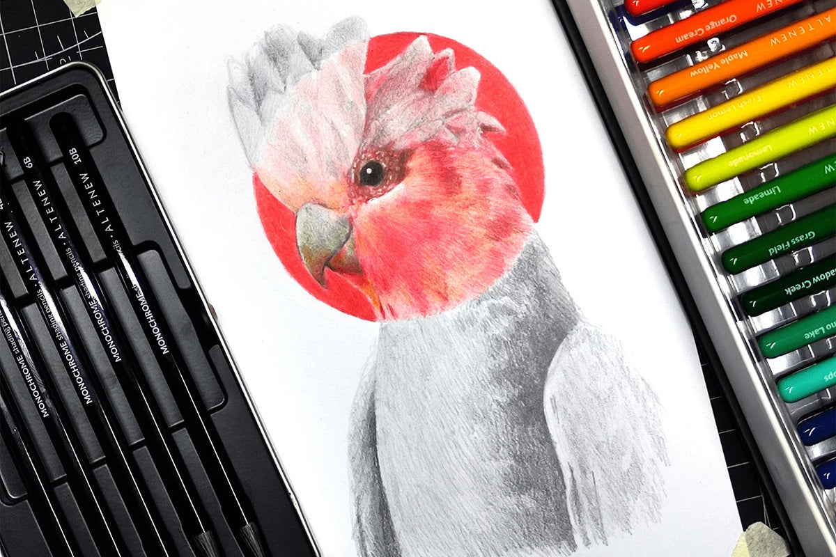 A drawing of a cockatoo, colored in with Artistry by Altenew's Watercolor Pencils